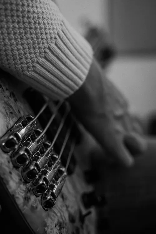 Close-up guitar detail showcasing analogue sound aesthetics
